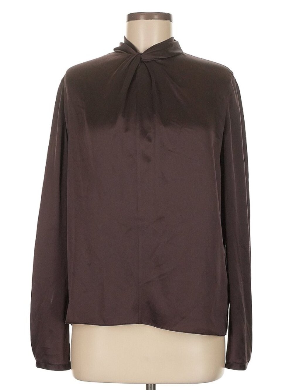 Vince 100% Silk Satin Twist Neck Blouse Espresso Brown Long Sleeve Size 6